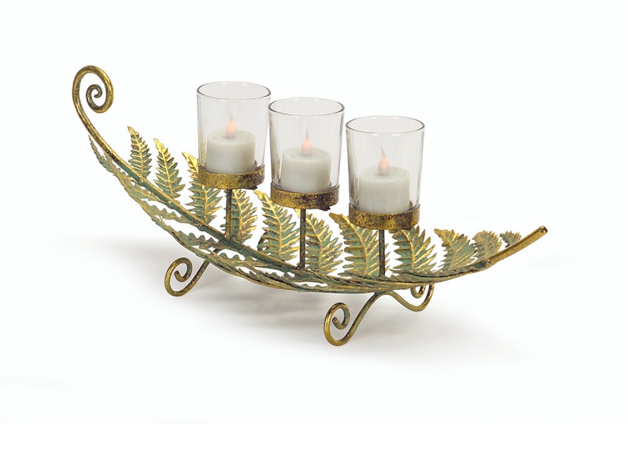 Melrose 18" Golden Patina Laying Fern with Three Votive Cups Table Top Decoration